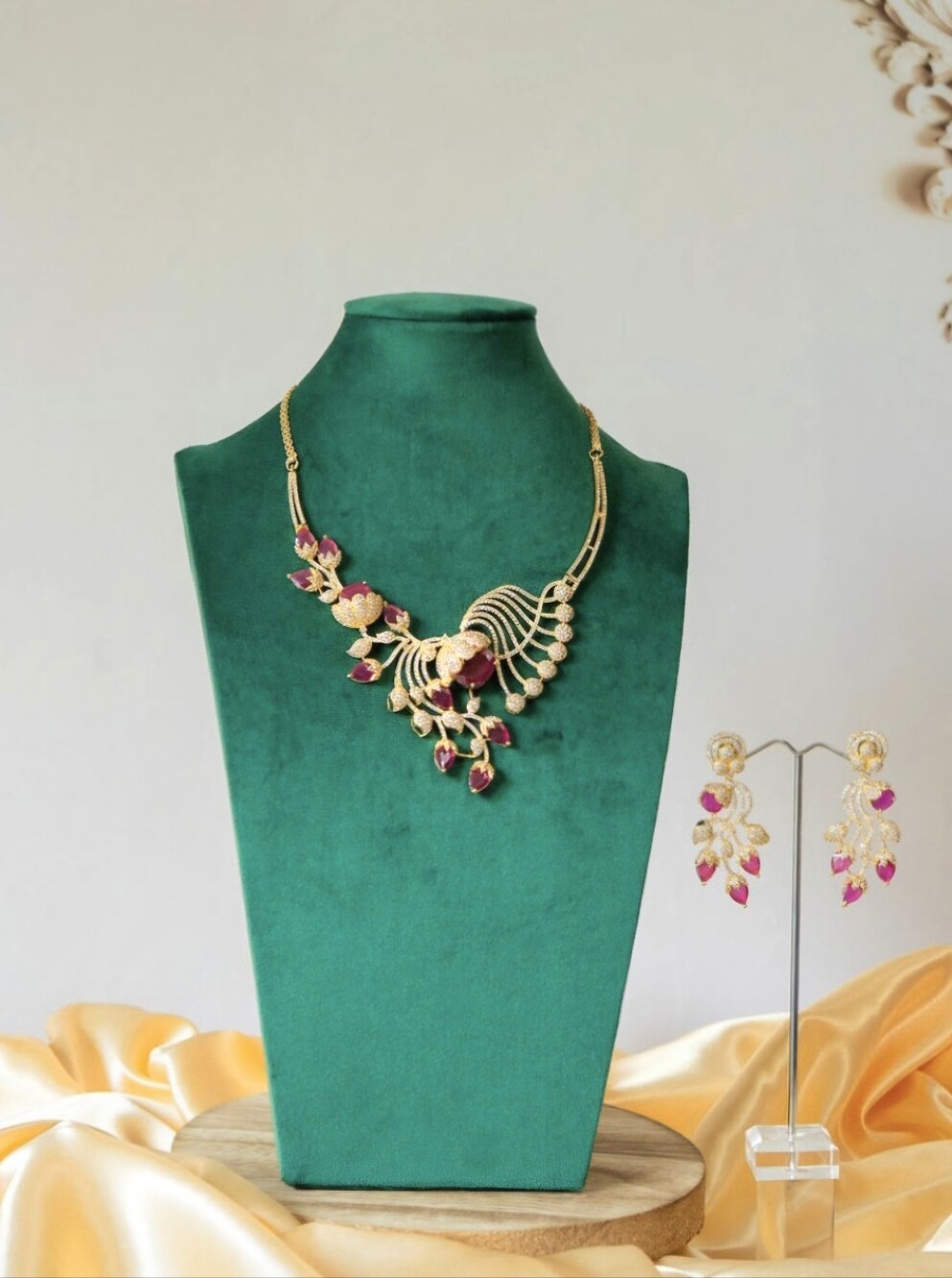 Gold-Tone Floral Statement Necklace and Earrings Set with Ruby-Pink Crystals.
